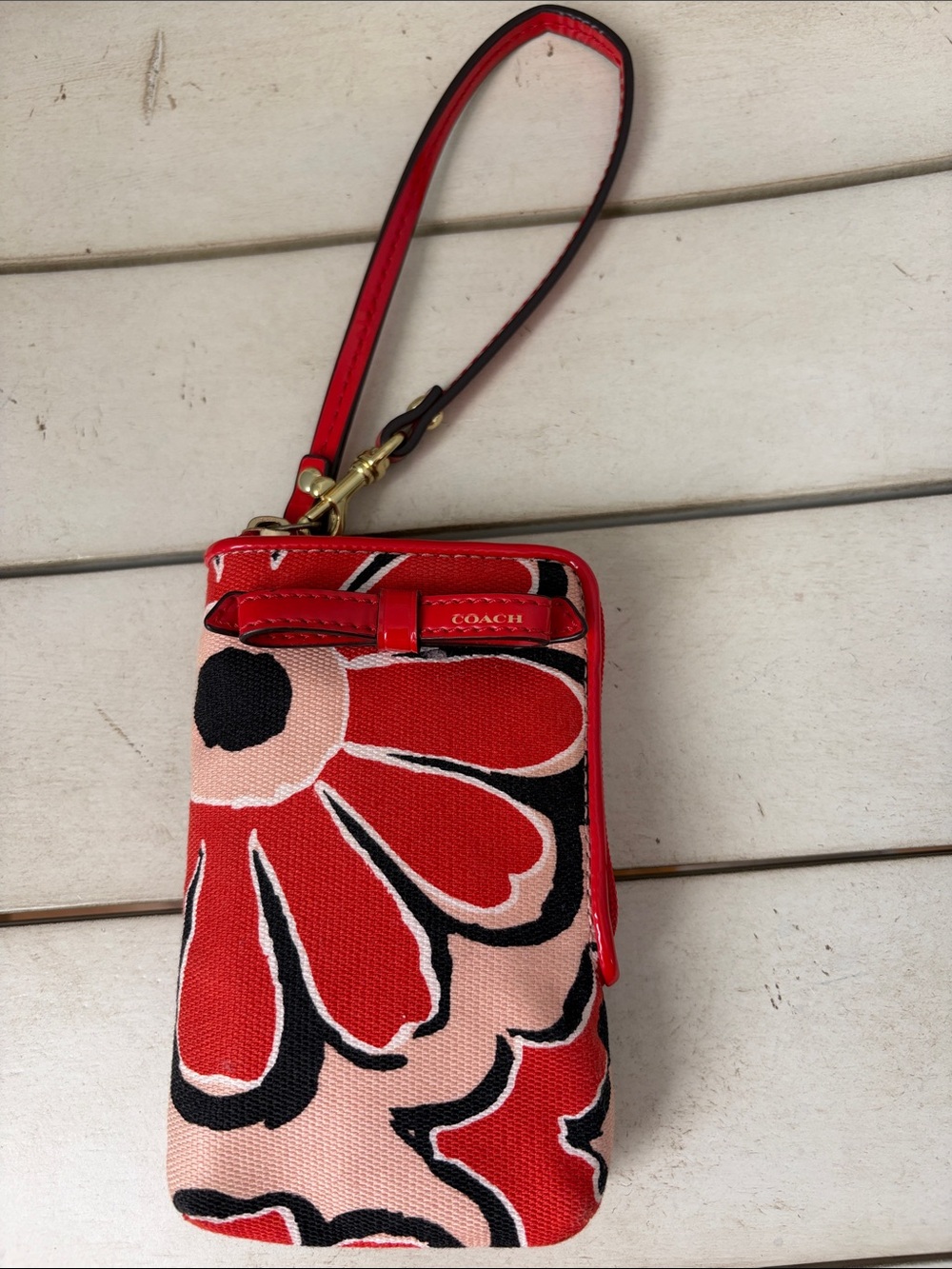 Coach Red Pink Floral Wristlet Phone Pouch with Gold Hardware